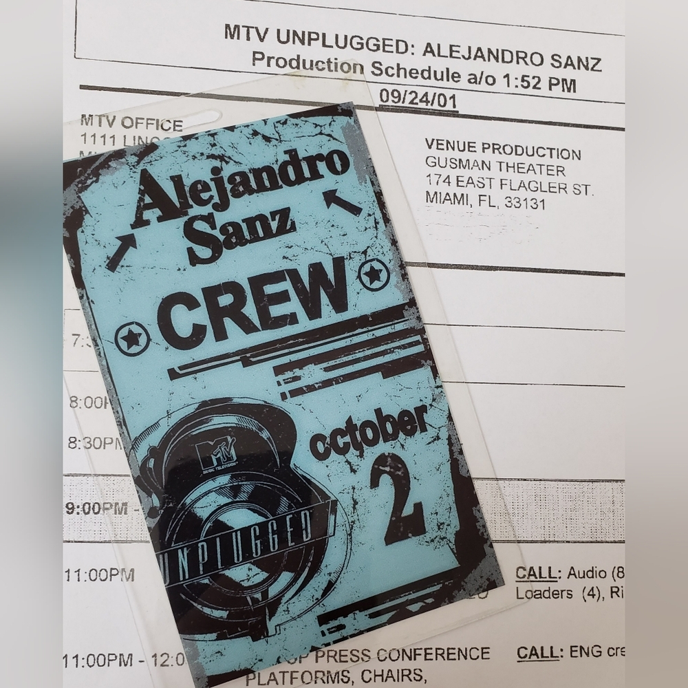 2001 MTV Alejandro Sanz Stage Crew Pass